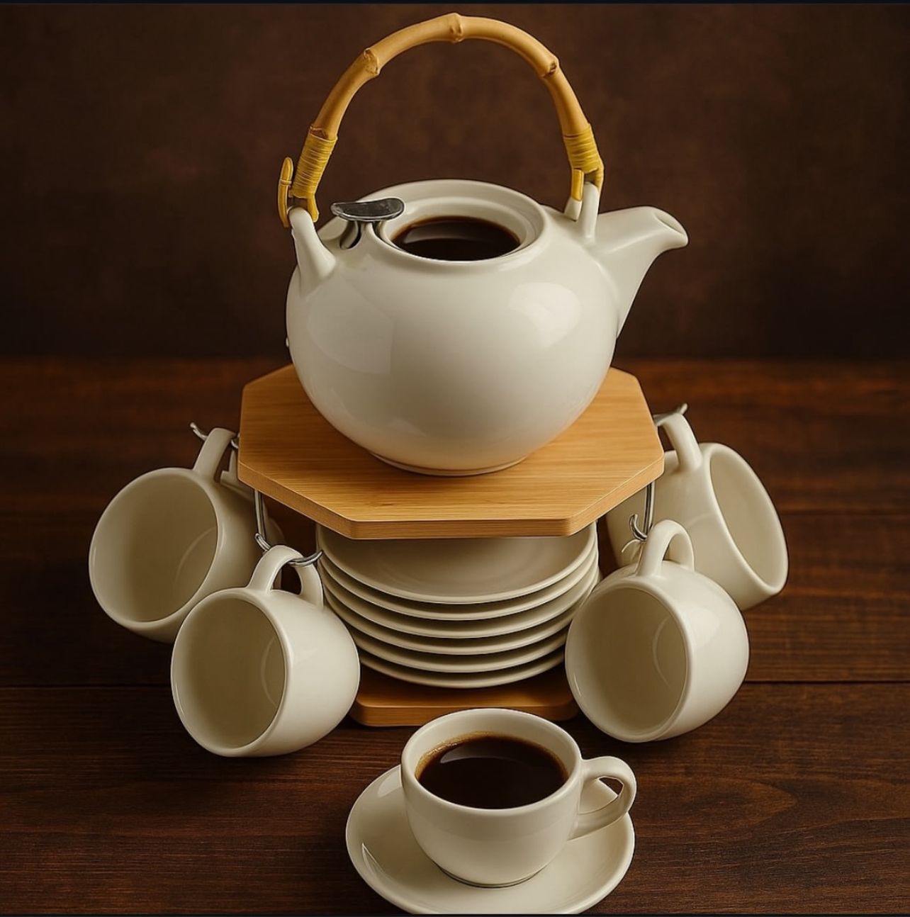 6pcs Ceramic Tea Cup Set with Kettle