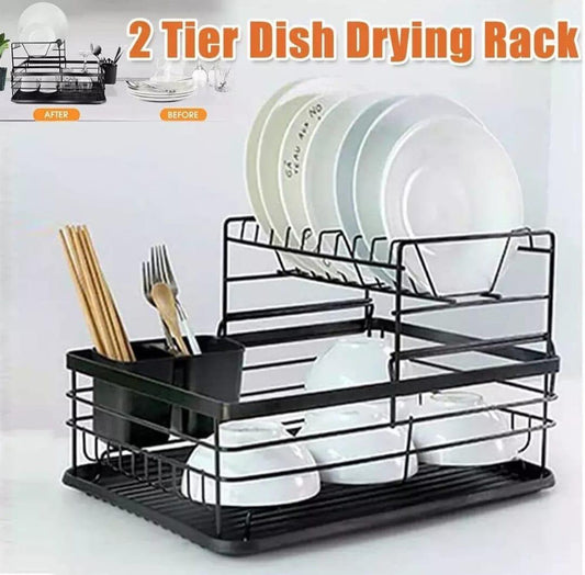 2 Tier Dish Drying Rack - Carbon Steel and ABS Plastic Drainer