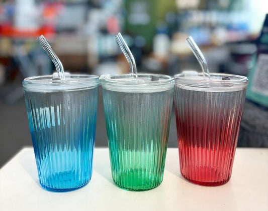 Vertical Pattern Glass Cup and Straw